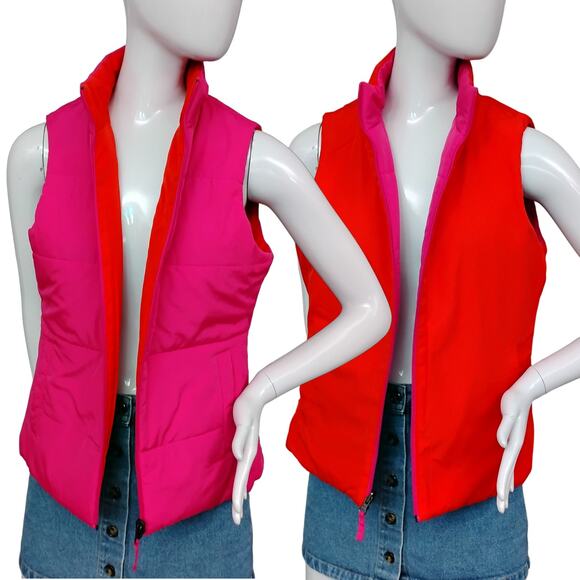 Merona Reversible Puffy Vest Size Medium Orange and Hot Pink Full Zipper Pockets - Picture 1 of 9